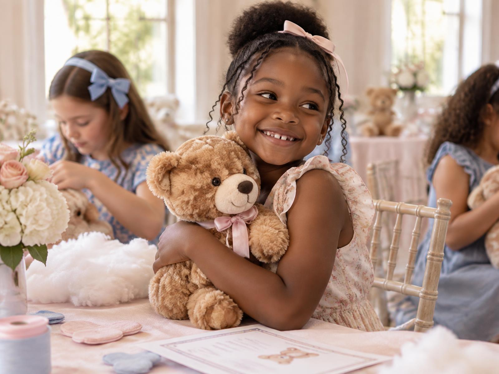 A child hugging her plush bear during a Plushie celebration